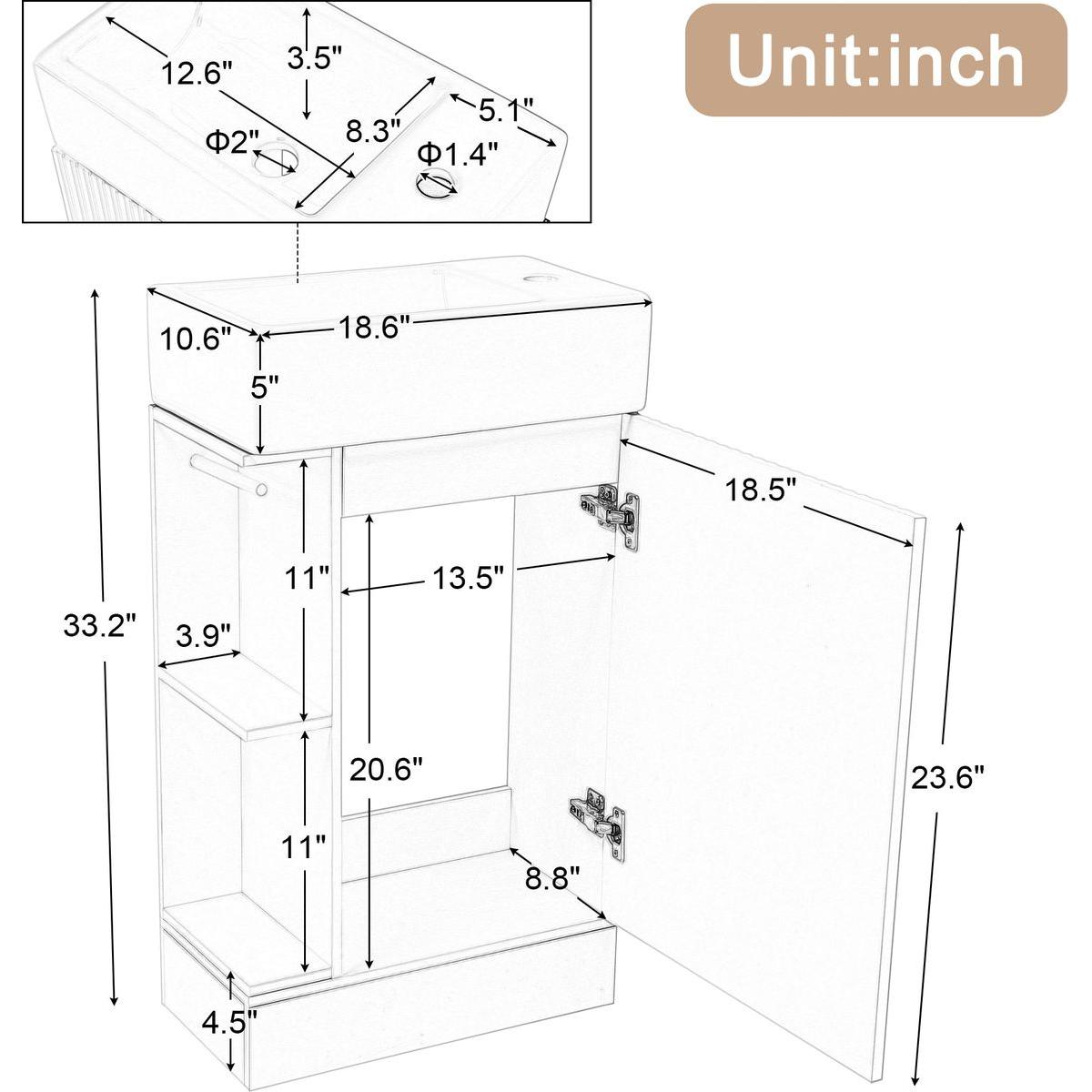 18.6' Bathroom Vanity with Sink, Bathroom Vanity Cabinet with Two-tier Shelf, Left or Right Orientation, Natural (Old Sku:WF308491AAN)