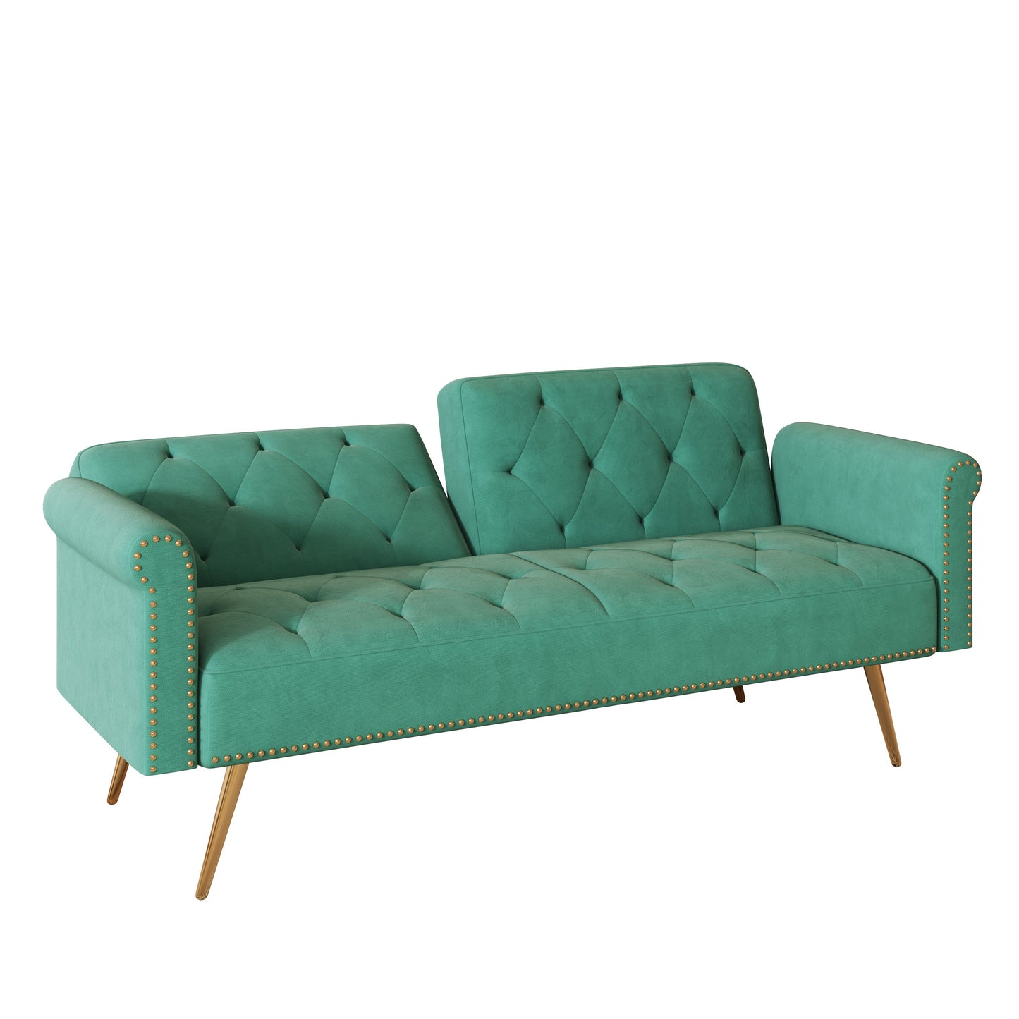 Velvet Sofa Bed with Nail Head Trim and Throw Pillow in Green, 69.7 Inches, Sponge Filling, Gold Metal Legs