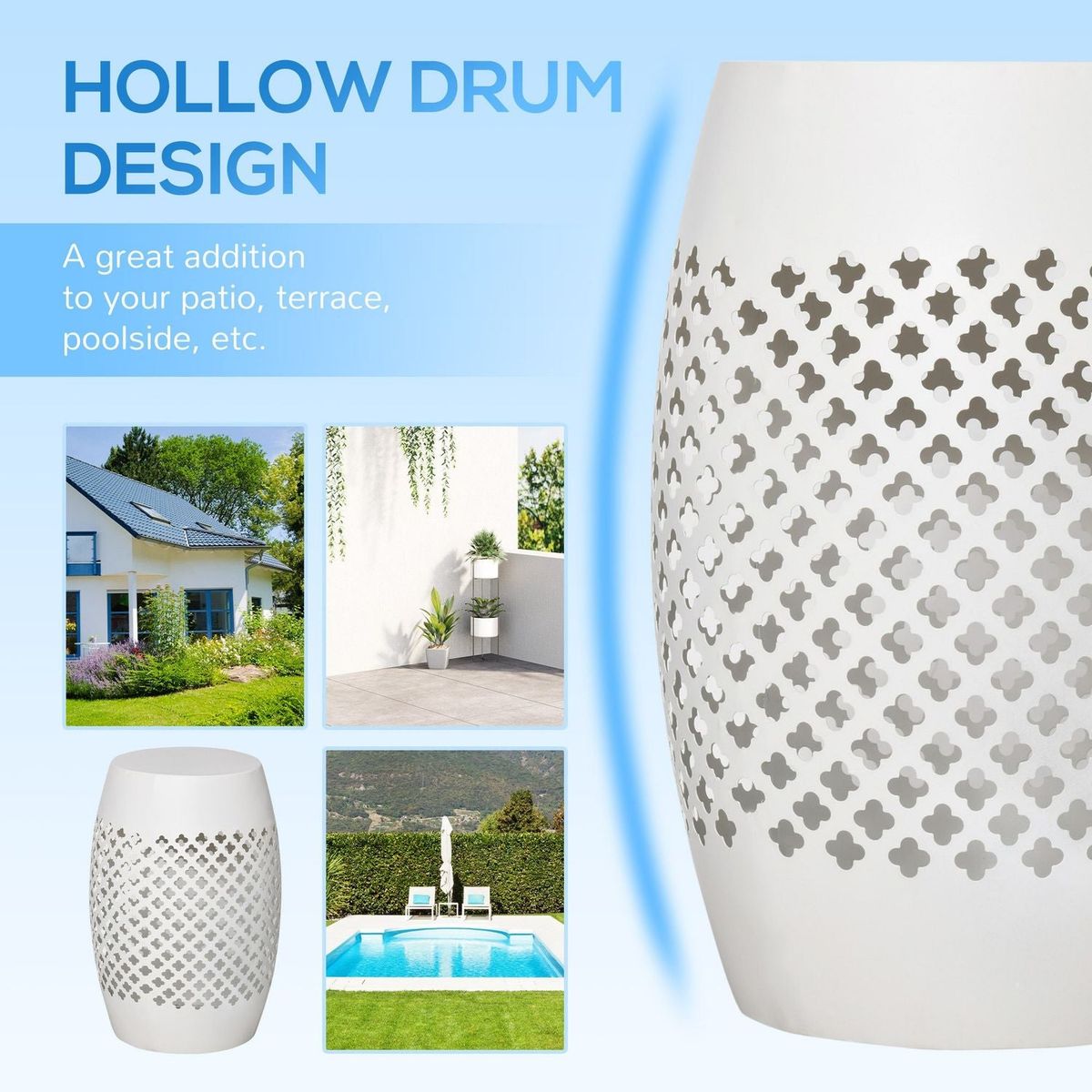 12.5" Steel Patio End Table, Round Hollow Drum Side Table, Accent Table for Indoor and Outdoor, White
