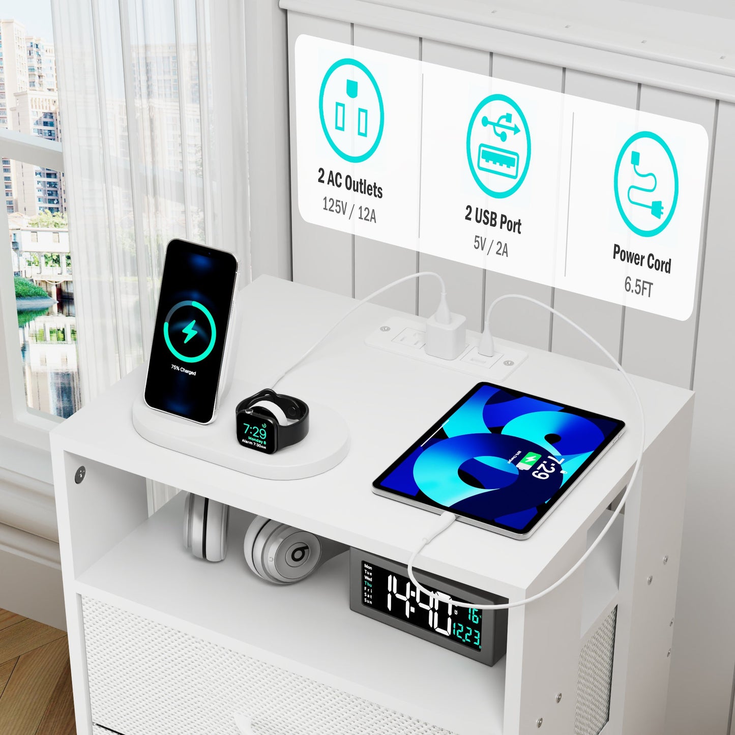 2 Pack Modern Nightstand with Charging Station, Bedside Tables with LED Light and Fabric Drawers