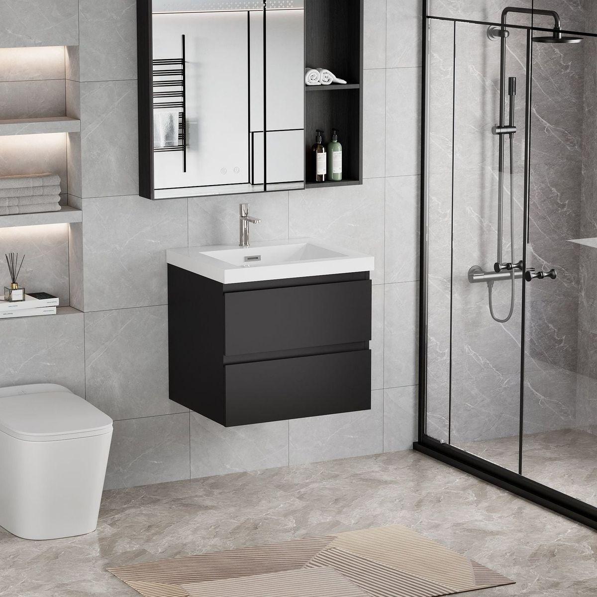 24" Floating Bathroom Vanity with Sink, Modern Wall-Mounted Bathroom Storage Vanity Cabinet with Resin Top Basin and Soft Close Drawers, Glossy Black