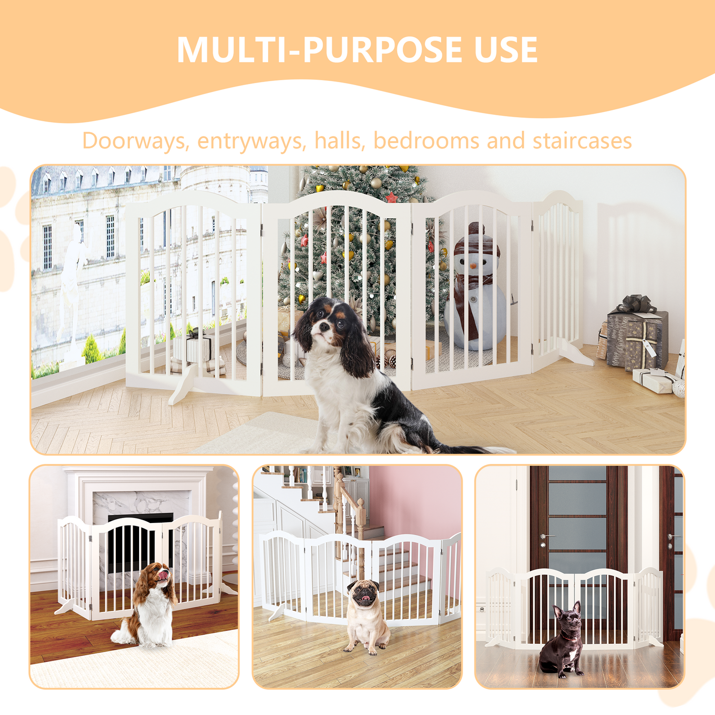 27.6' Height Tall Freestanding Pet Gate, 4 Panels Foldable Dog Gate, Solid Wood Folding Safety Fence Wooden Dog Gate with 2 pcs Support Feet Ideal for Stairs, Doorways, Halls, Kitchens, Heavy Duty Gat