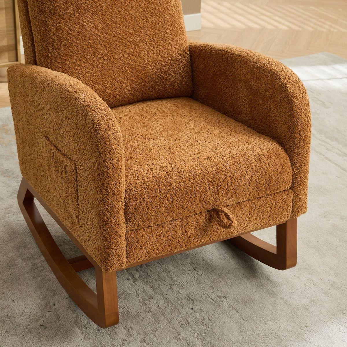 25.4"W Rocking Chair for Nursery, High Back Glider Chair with Retractable Footrest, Side Pocket, Rocking Accent Armchair with Rubber Wood Legs for Living Room/Bedroom.Caramel