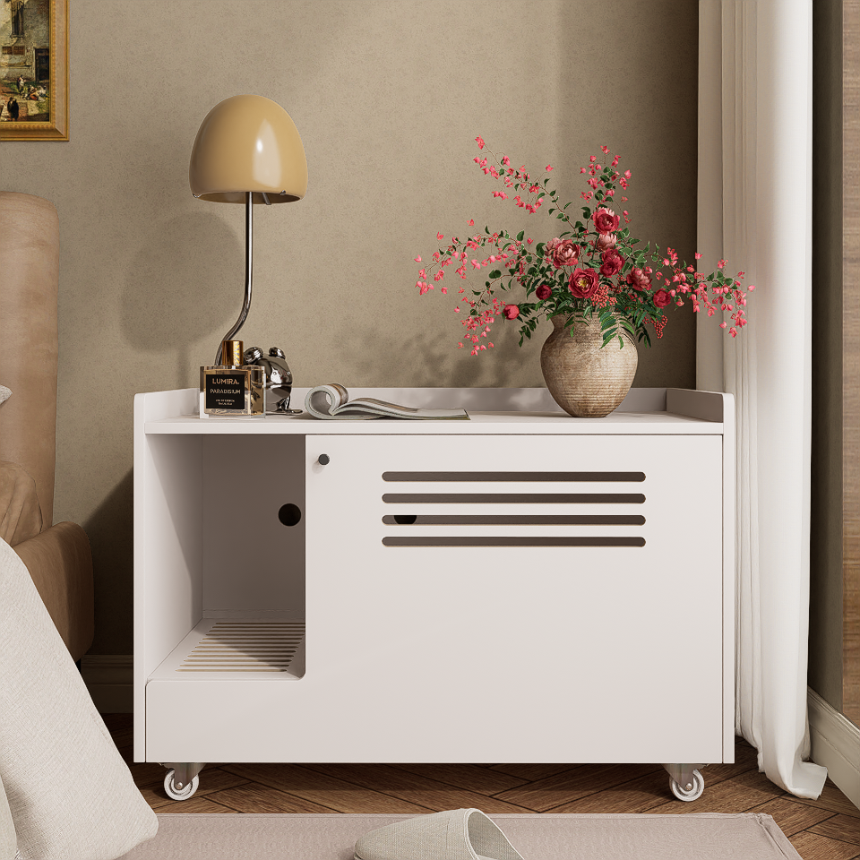 White Cat Litter Box Enclosure,Hidden Litter Box Furniture with top side fence,Wooden Pet House Side End Table, Storage Cabinet Bench for Living Room,,Bedroom, Fit Most of Litter Box