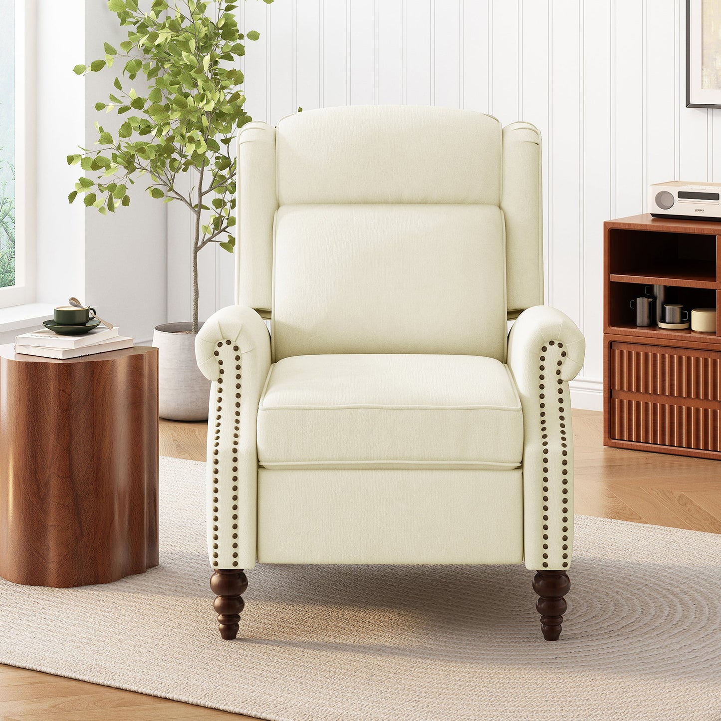 Upholstered Push Back Recliner Chair with Classic Wing Back, Beige Chenille, 29.75'