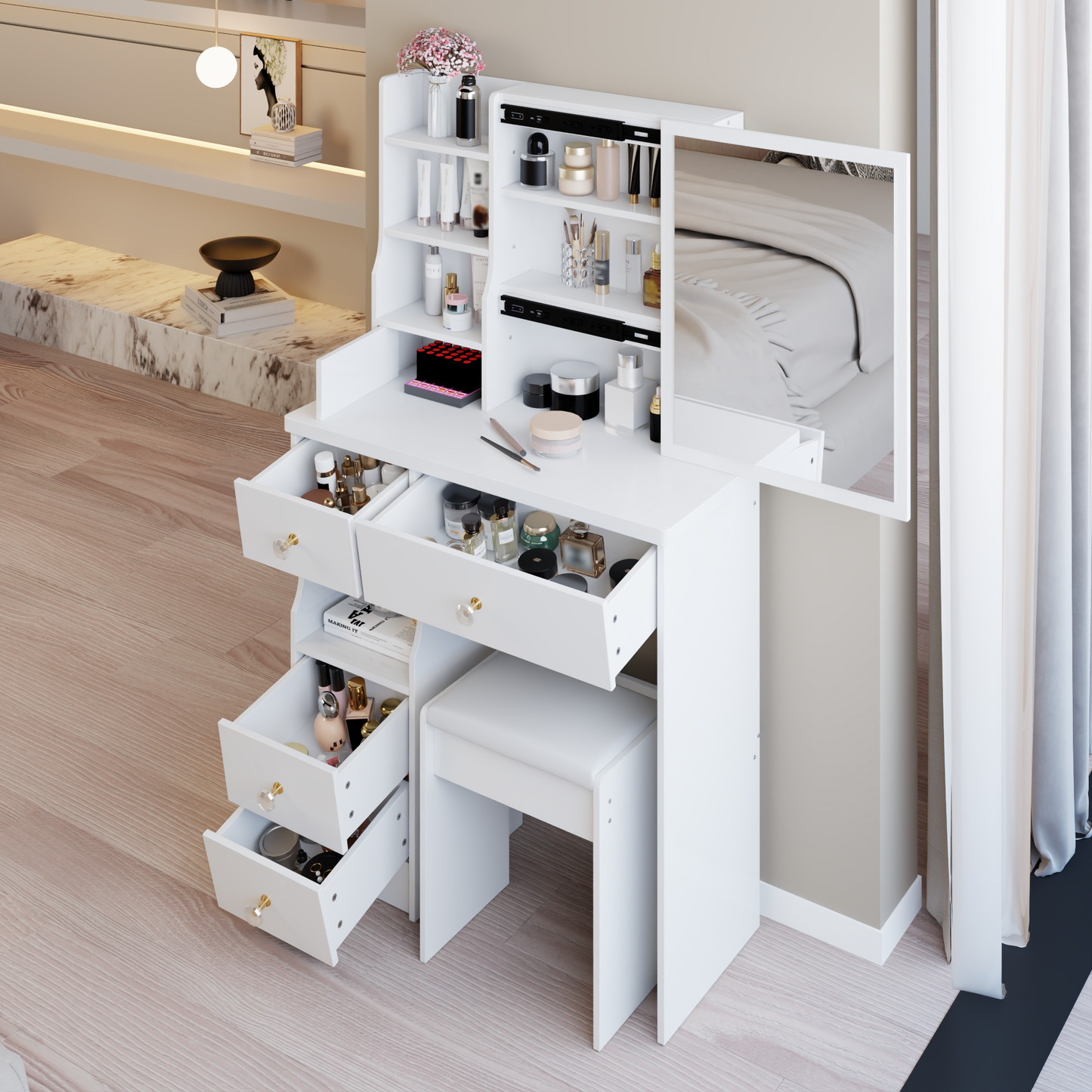 29.2' Small Size Left Drawer Desktop Vanity Table + Cushioned Stool, Extra Large Right sliding mirror, Multi Layer High Capacity Storage, Practical Fashionable Dresser, Suitable For Small Space