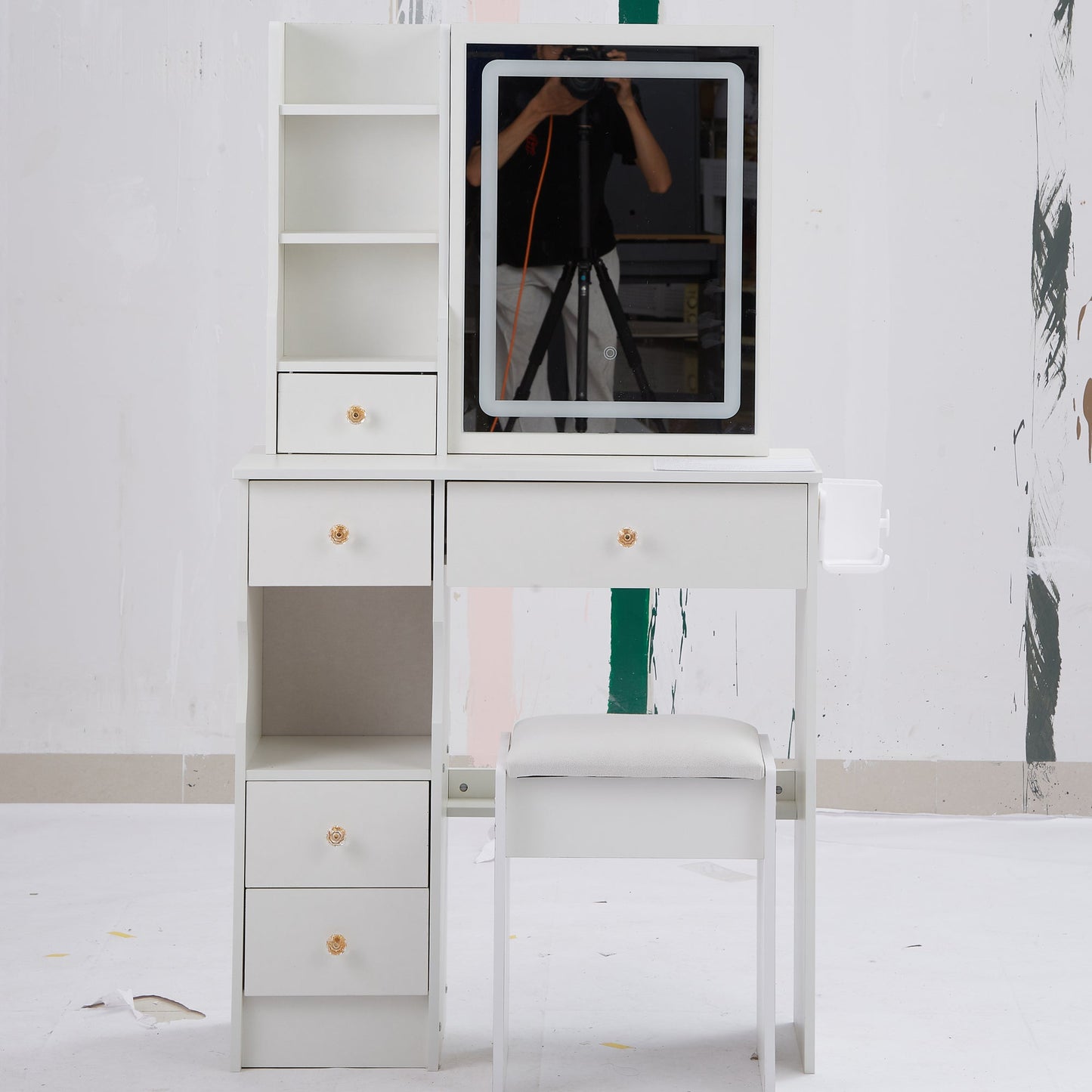 29.2' Small Size Left Drawer Desktop Vanity Table + Cushioned Stool, 2 AC+2 USB Power Station, Hair dryer bracket, Extra Large Touch Control Sliding LED Mirror, Tri-color Switching, Brightness Adjust