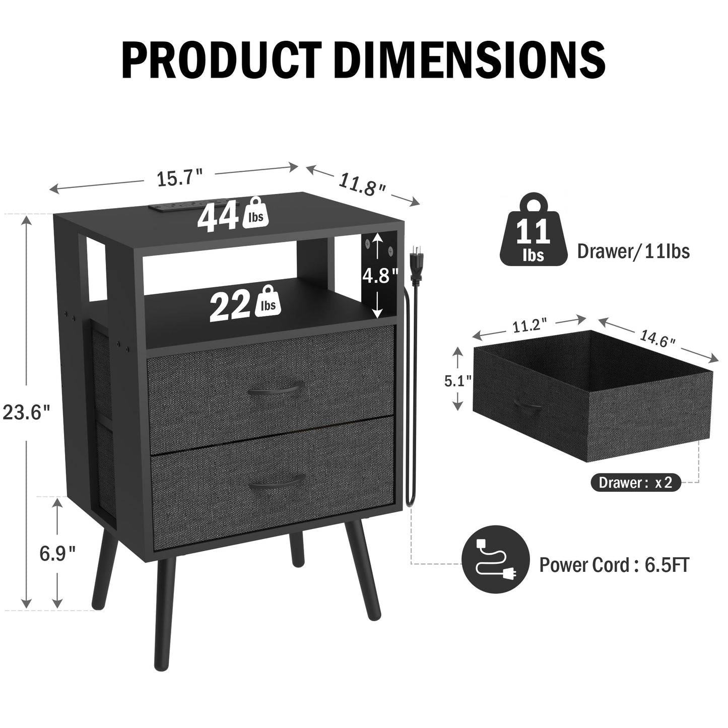 2 Pack Modern Nightstand with Charging Station, Bedside Tables with LED Light and Fabric Drawers