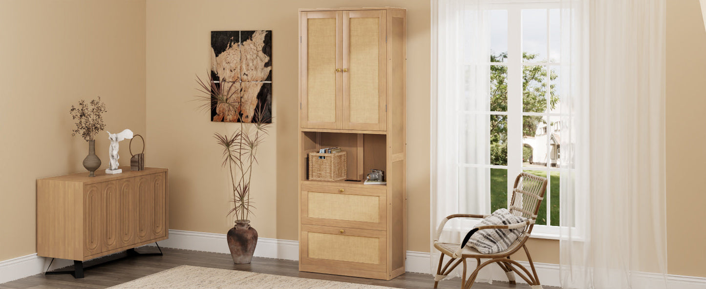 2 Doors Bookshelf with USB Port and 3 Drawers Side Cabinet Storage Shelves, Natural