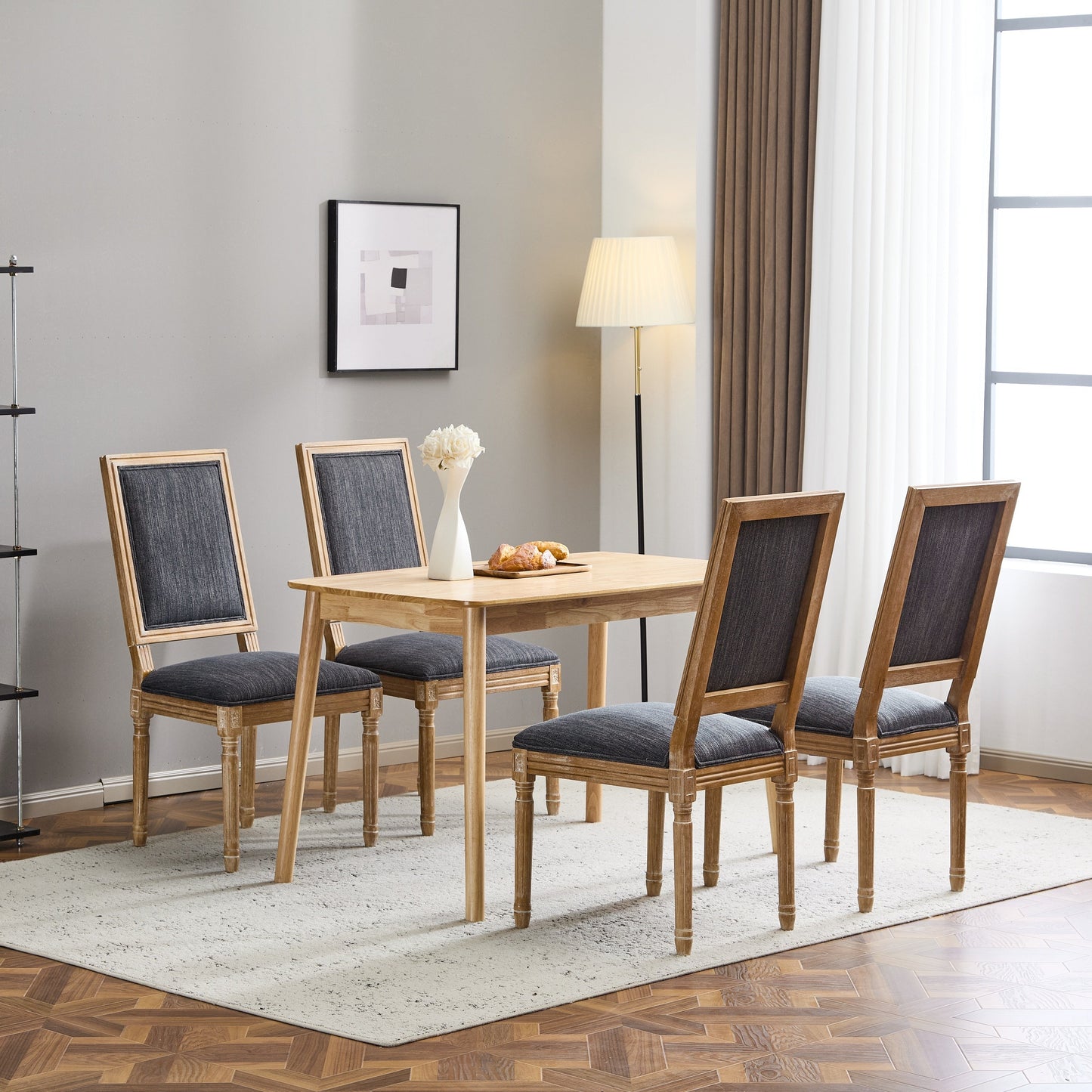 Vintage Inspired Set of 4 French Country Dining Chairs with Elegant Cane Backrest & Upholstered Seats in Rustic Weathered Blue Gray, Solid Rubberwood Frame