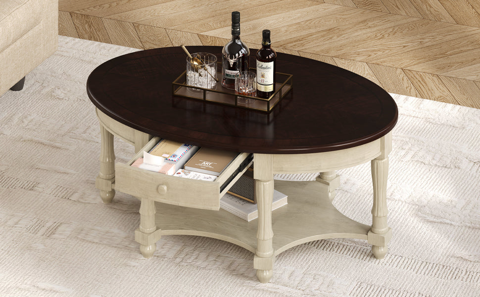 Vintage Oval Coffee Table with Drawer and Storage Shelf, Antique Cocktail Table in 45', French Country Accent Table for Living Room,Beige and Espresso