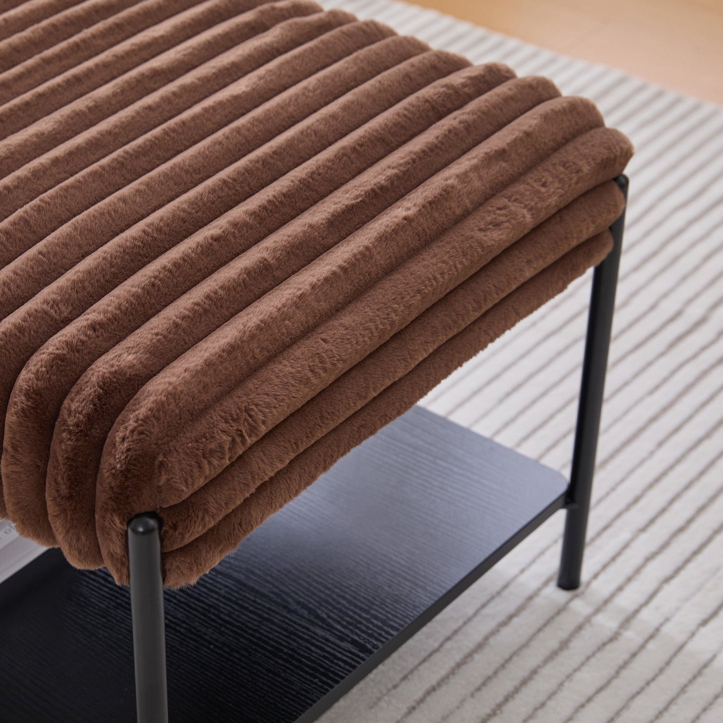 Upholstered Ottoman Coffee Table Foot Rest with Black Metal Legs and Wooden Storage, Faux Fur, Brown
