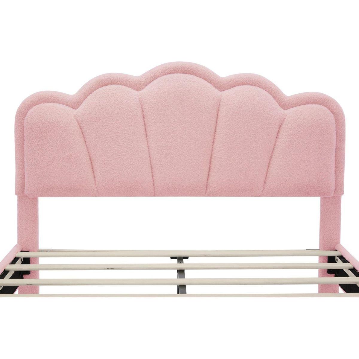 2-Pieces Bedroom Sets Full Size Flower-Shaped Upholstered LED Platform Bed with Storage Ottoman-Sherpa Fabric, Pink