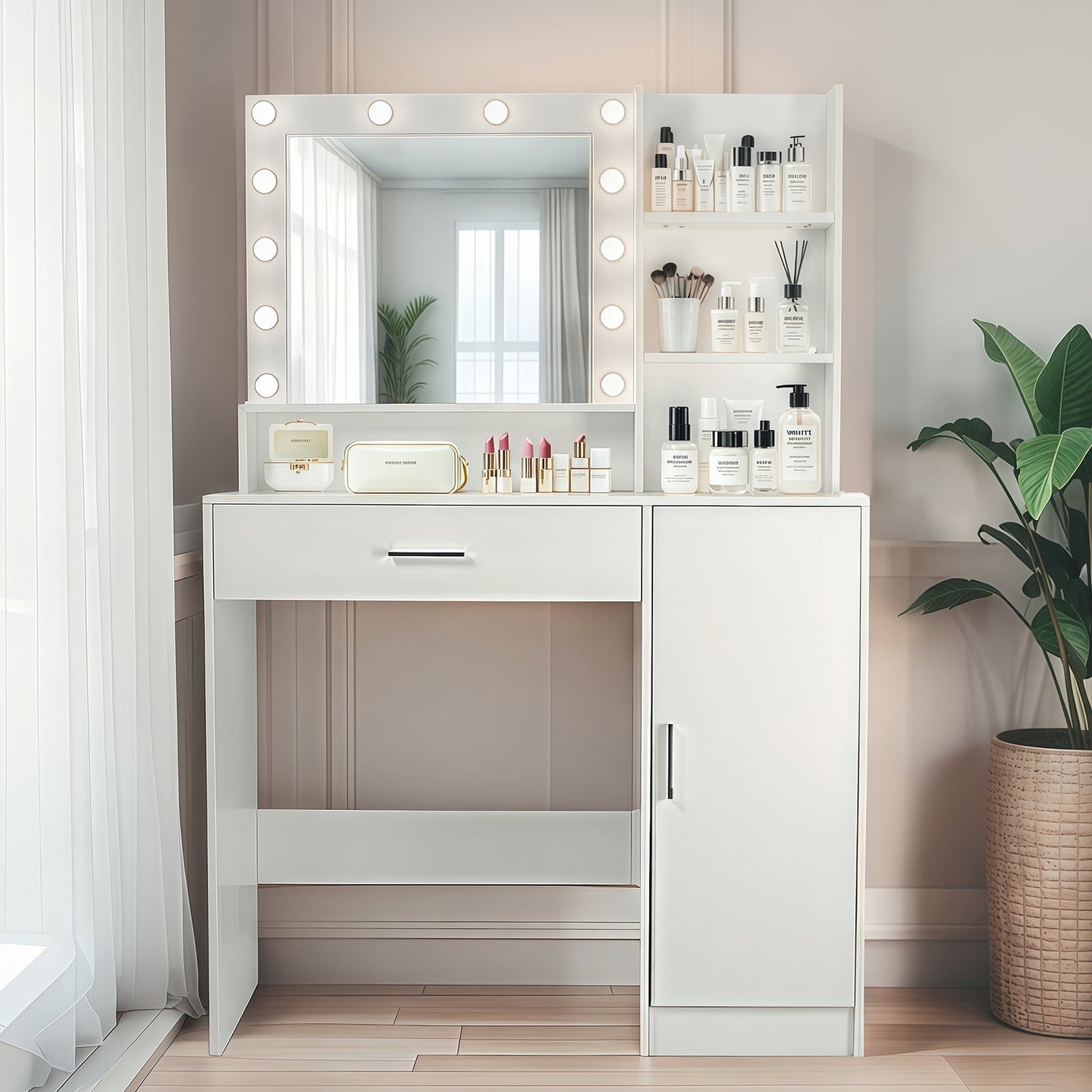 Vanity Desk with Mirror and Adjustable LED Lights, 3 Lighting Modes, Drawer and Storage Cabinet, White MDF