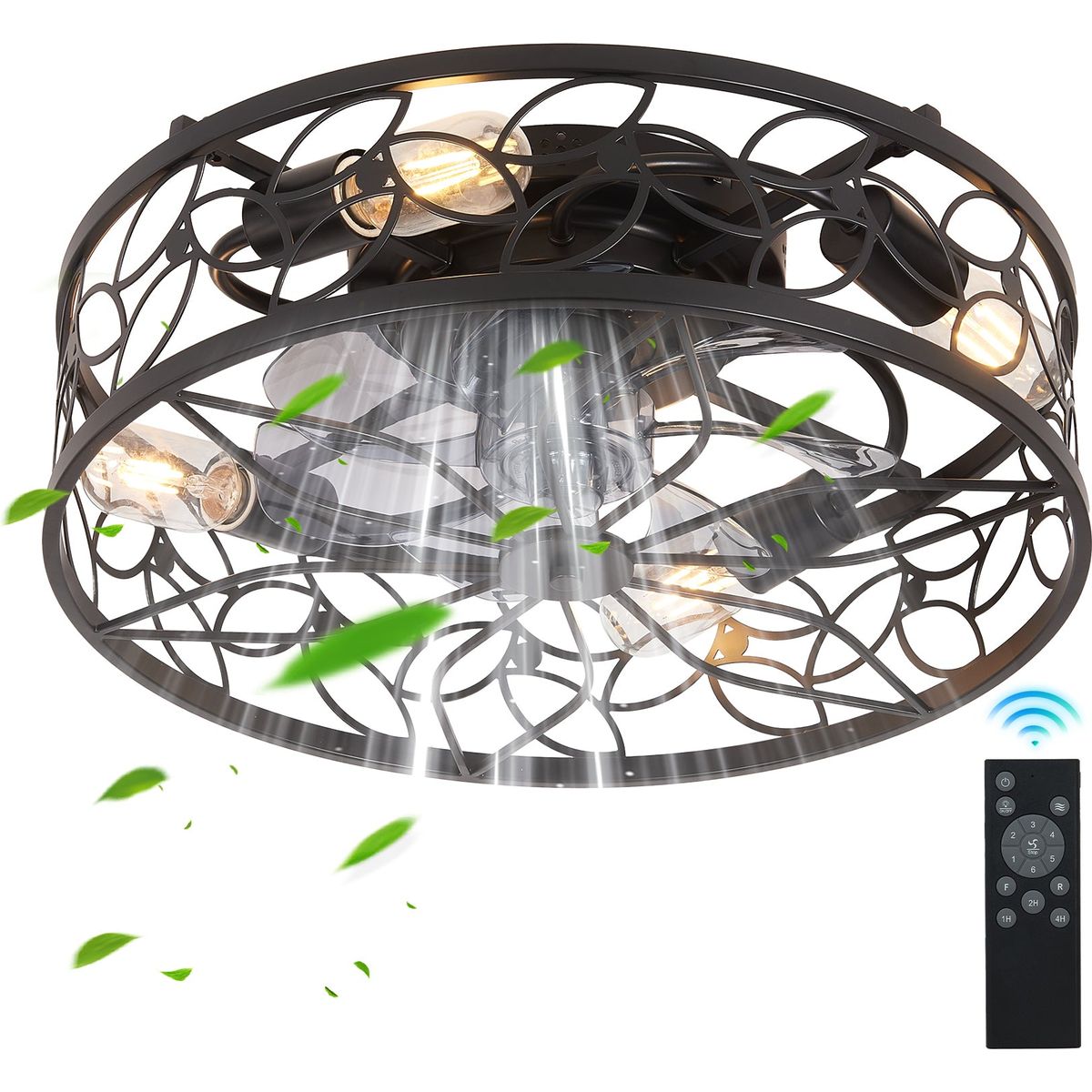 18-inch Black Vintage Caged Ceiling Fan Light – Quiet Operation, Remote Control, Industrial Style for Living Room, Bedroom, and Kitchen (Bulb Not Included)