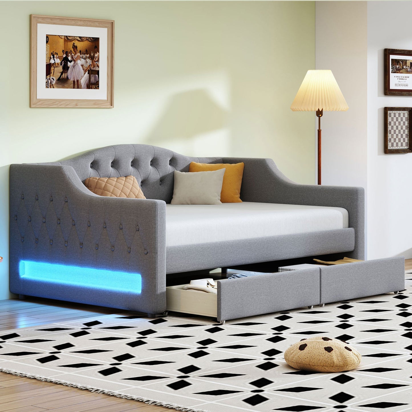 Elegant Upholstered Twin XL Daybed with LED Belt, 2 Drawers, Gray Linen Finish