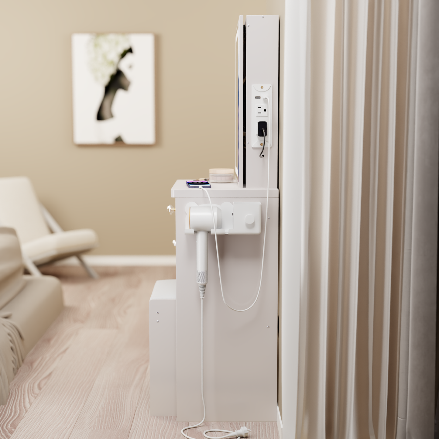 29.2' Small Size Left Bedside Cabinet Vanity Table + Cushioned Stool, 2 AC+2 USB Power Station, Hair dryer bracket, Extra Large Touch Control Sliding LED Mirror, Tri-color Switching, Brightness Adjust