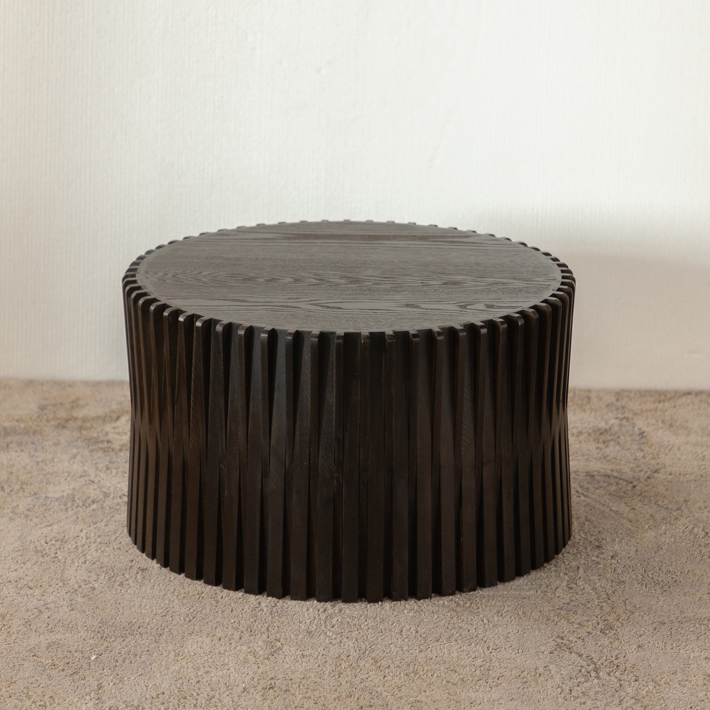 Vintage Fashion Style Cylindrical Nesting Coffee Table Set with Vertical Textured Embossed Design for Living Room, Office and Dining Room, Dark Brown (Set of 2)