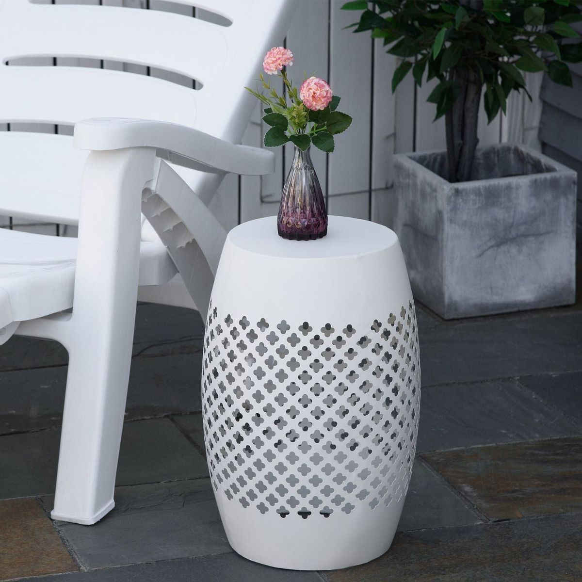 12.5" Steel Patio End Table, Round Hollow Drum Side Table, Accent Table for Indoor and Outdoor, White