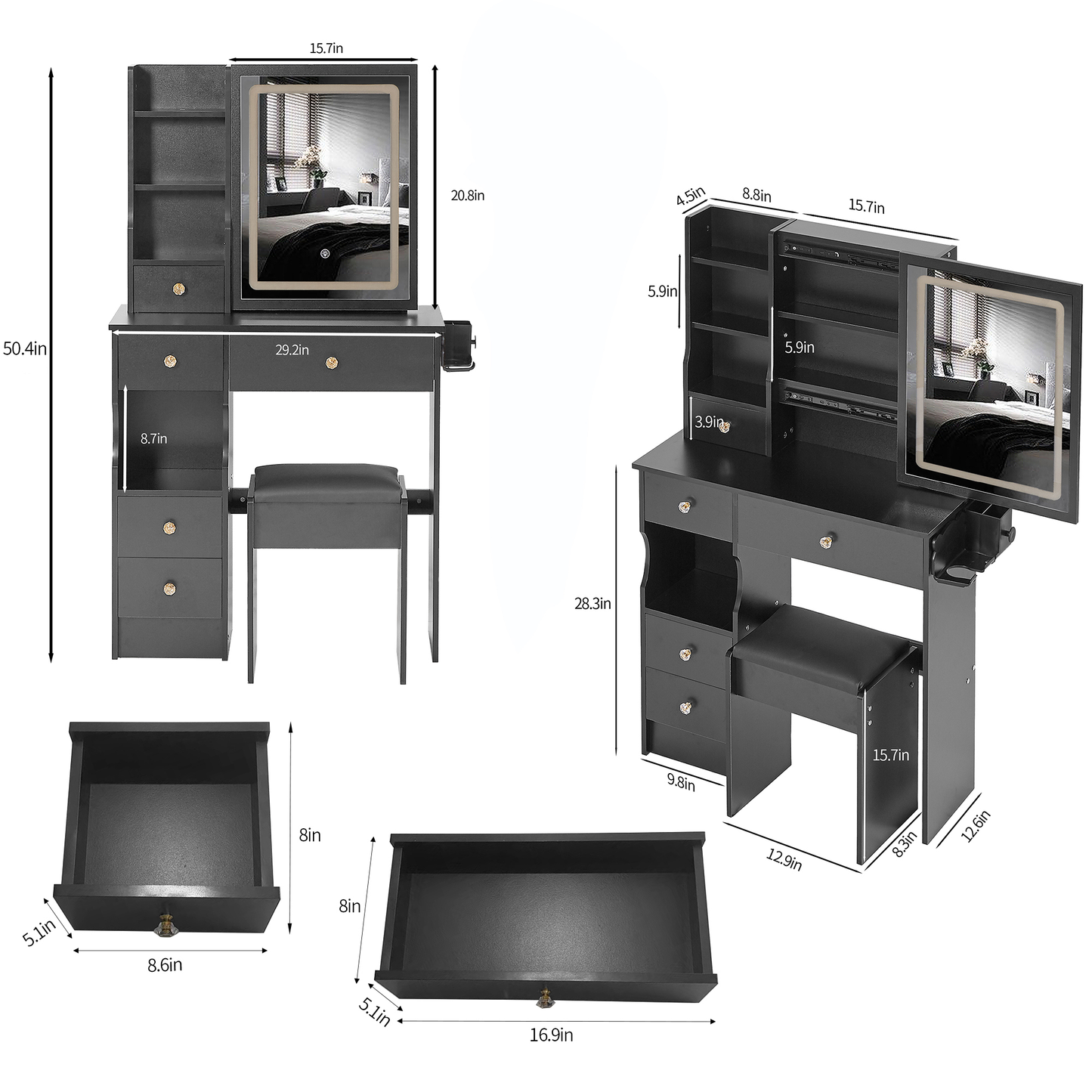 29.2' Small Size Left Drawer Desktop Vanity Table + Cushioned Stool, 2 AC+2 USB Power Station, Hair dryer bracket, Extra Large Touch Control Sliding LED Mirror, Tri-color Switching, Brightness Adjust