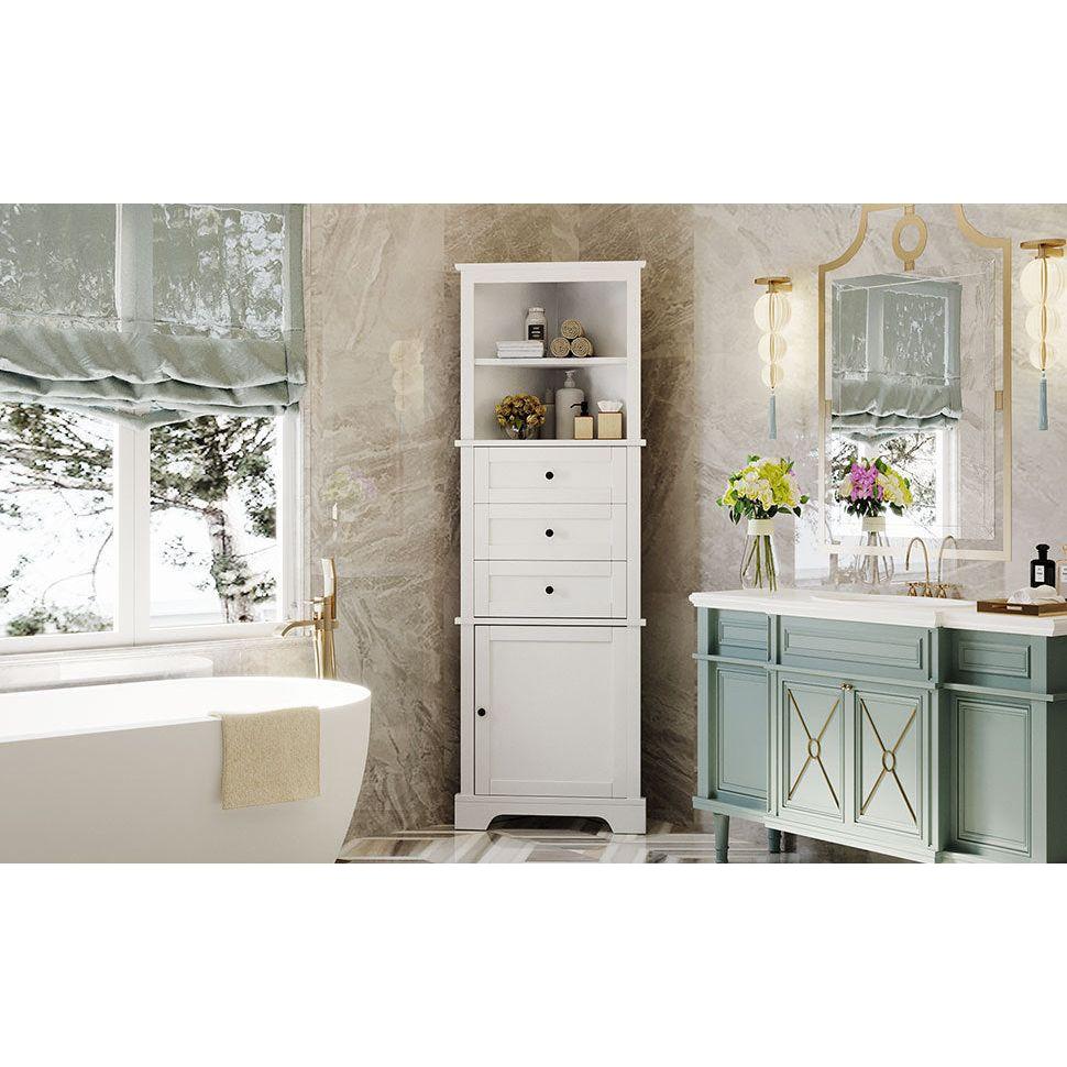 White Triangle Tall Cabinet with 3 Drawers and Adjustable Shelves for Bathroom, Kitchen or Living Room, MDF Board with Painted Finish