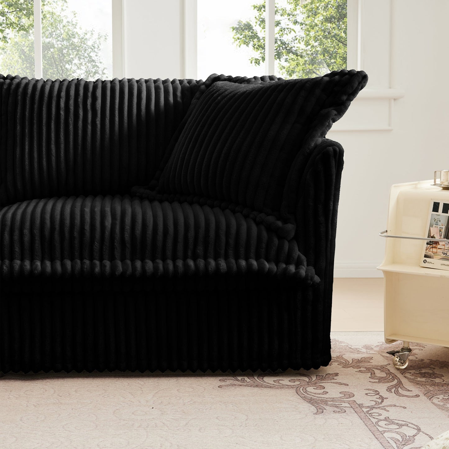 Upholstered Slipcovered Armchair with Ottoman, Deep Seat Armchair W/ Wide Ottoman for Living Room, Armchair Sets with Large Soft Pillows(Set of 2), Black Corduroy Fabric
