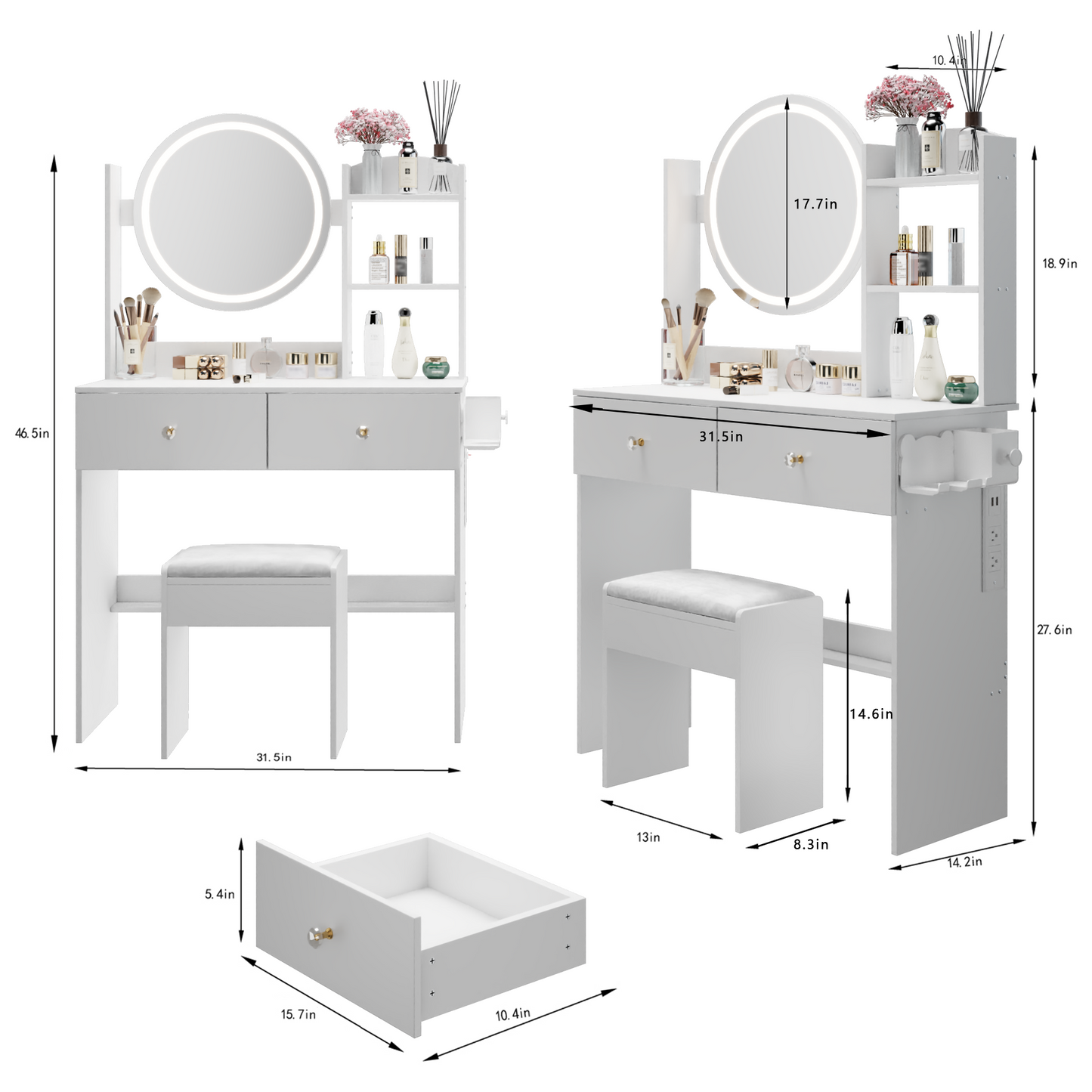17' Round LED Mirror Vanity Table+Cushioned Stool, Equipped With 2 AC+2 USB Power Socket, Big Mirror, Touch Switch, 3 Colors, Adjustable Brightness, Large Desktop, Multi-layer High Capacity Storage