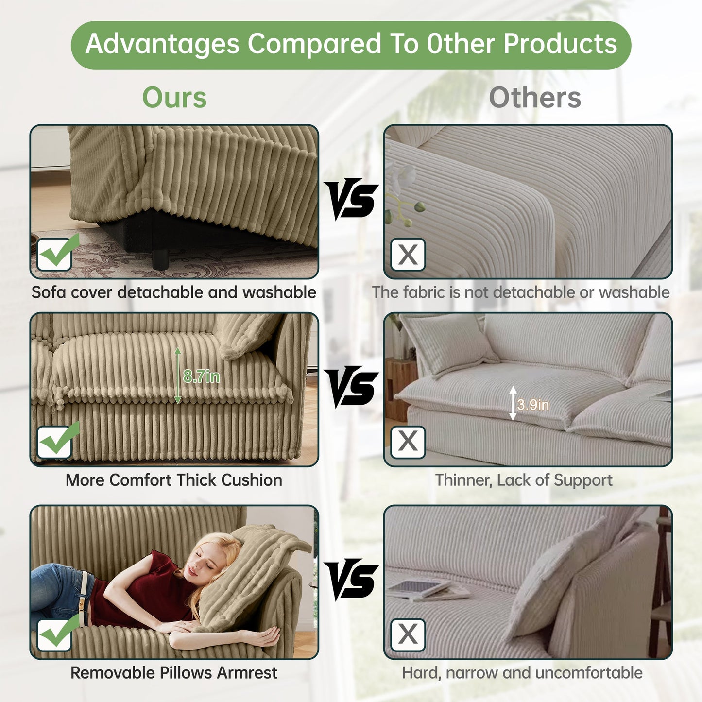 Upholstered Slipcovered Armchair with Ottoman, Deep Seat Armchair W/ Wide Ottoman for Living Room, Armchair Sets with Large Soft Pillows(Set of 2), Camel Corduroy Fabric