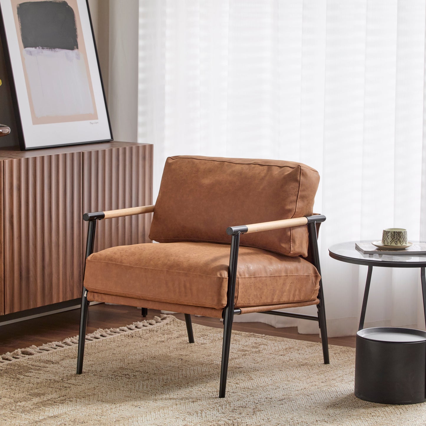 27.56' Modern Accent Chair with Plush Cushions, Minimalist Metal Frame, and Wooden Armrest Design – Perfect for Cozy Living Room, Bedroom, or Office Seating