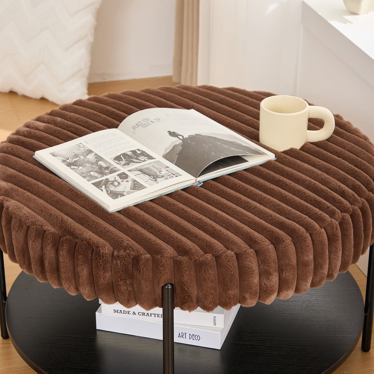 Upholstered Round Ottoman Coffee Table Foot Rest with Black Metal Legs, Brown Faux Fur, 30.9'