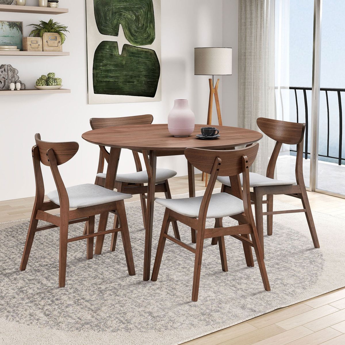 Wooden Dining Table Set, Modern Simple Design Round Kitchen Table and Fabric Upholstered Dining Chairs for Dining Room, Kitchen, Saving Space(1 Table with 4 Chairs),Walnut