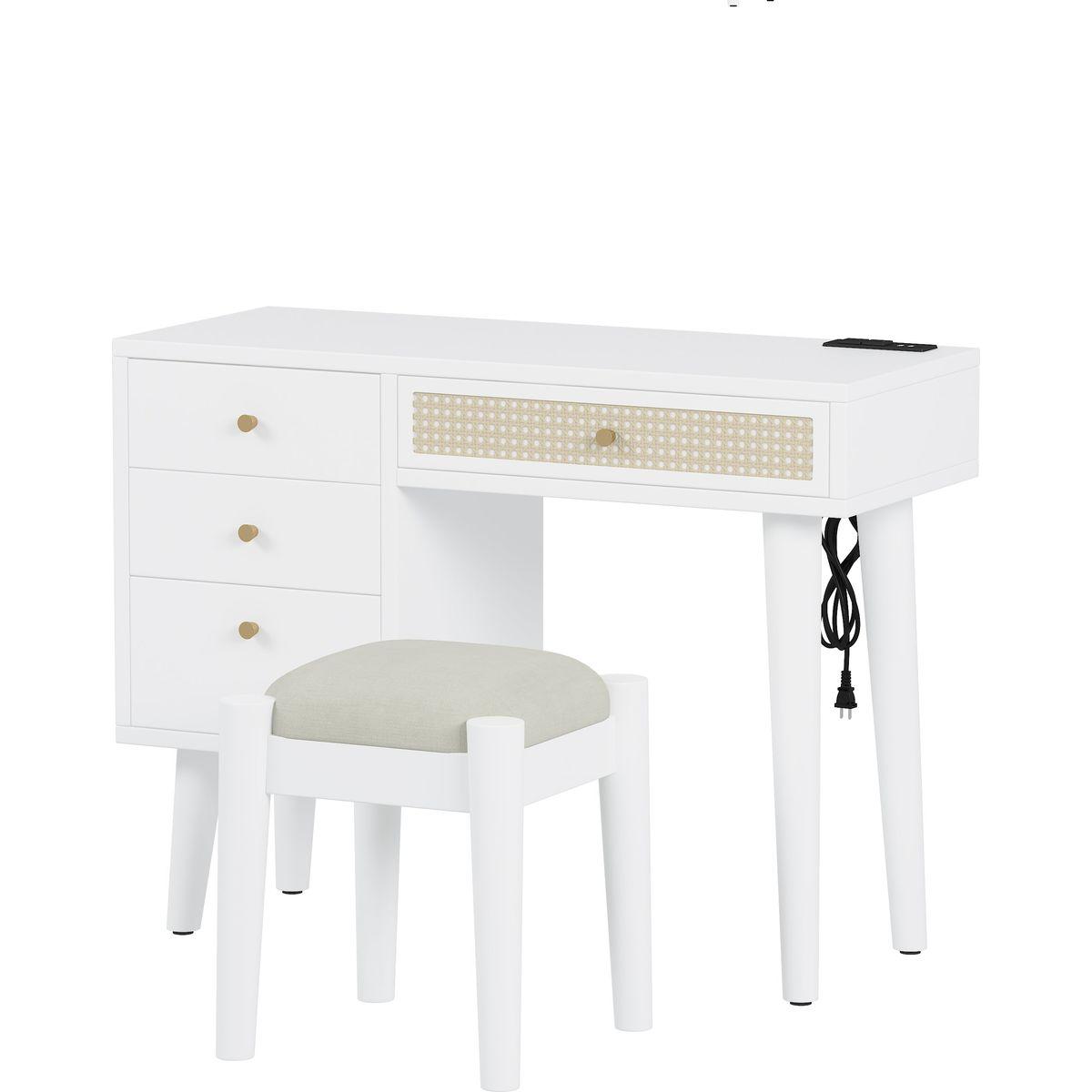 3 Pieces Bedroom Set with Queen Size Wooden Bed Frame, 1 Vintage Nightstand and 1 Makeup Vanity Set with Stool,White