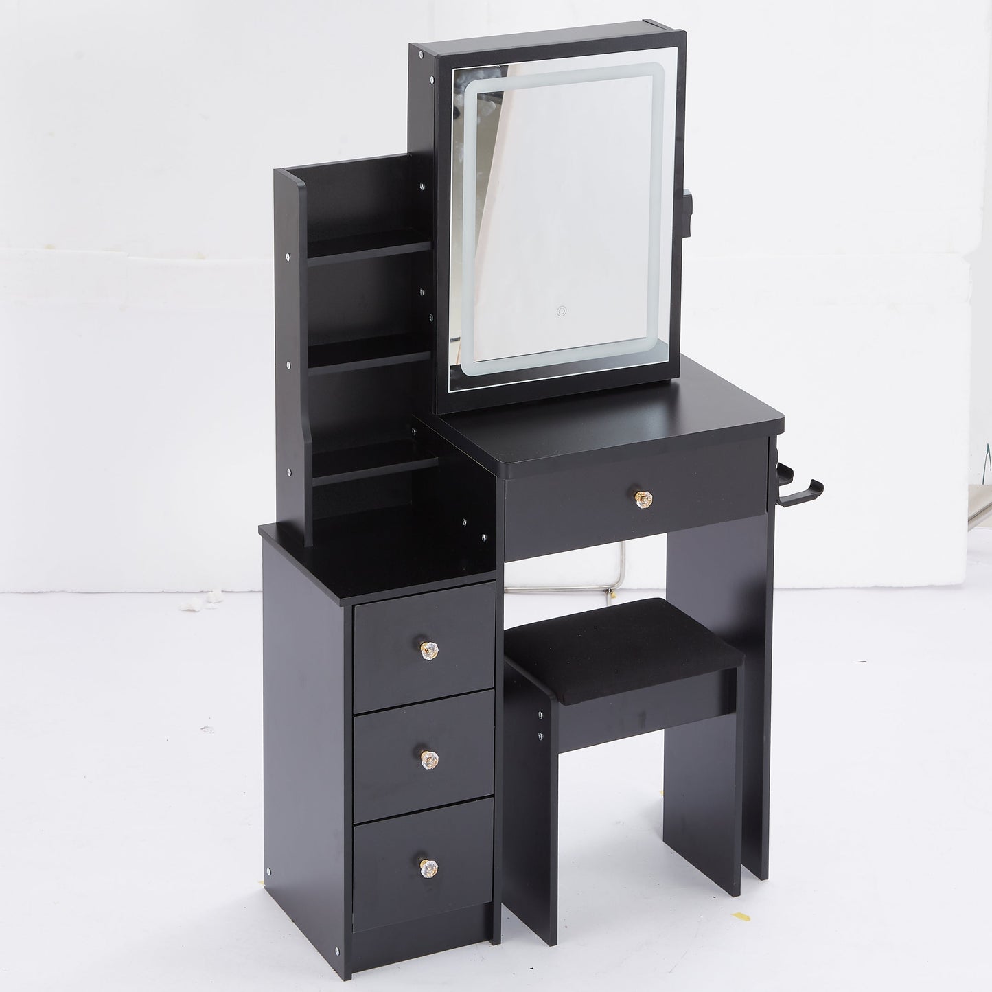 29.2' Small Size Left Bedside Cabinet Vanity Table + Cushioned Stool, 2 AC+2 USB Power Station, Hair dryer bracket, Extra Large Touch Control Sliding LED Mirror, Tri-color Switching, Brightness Adjust