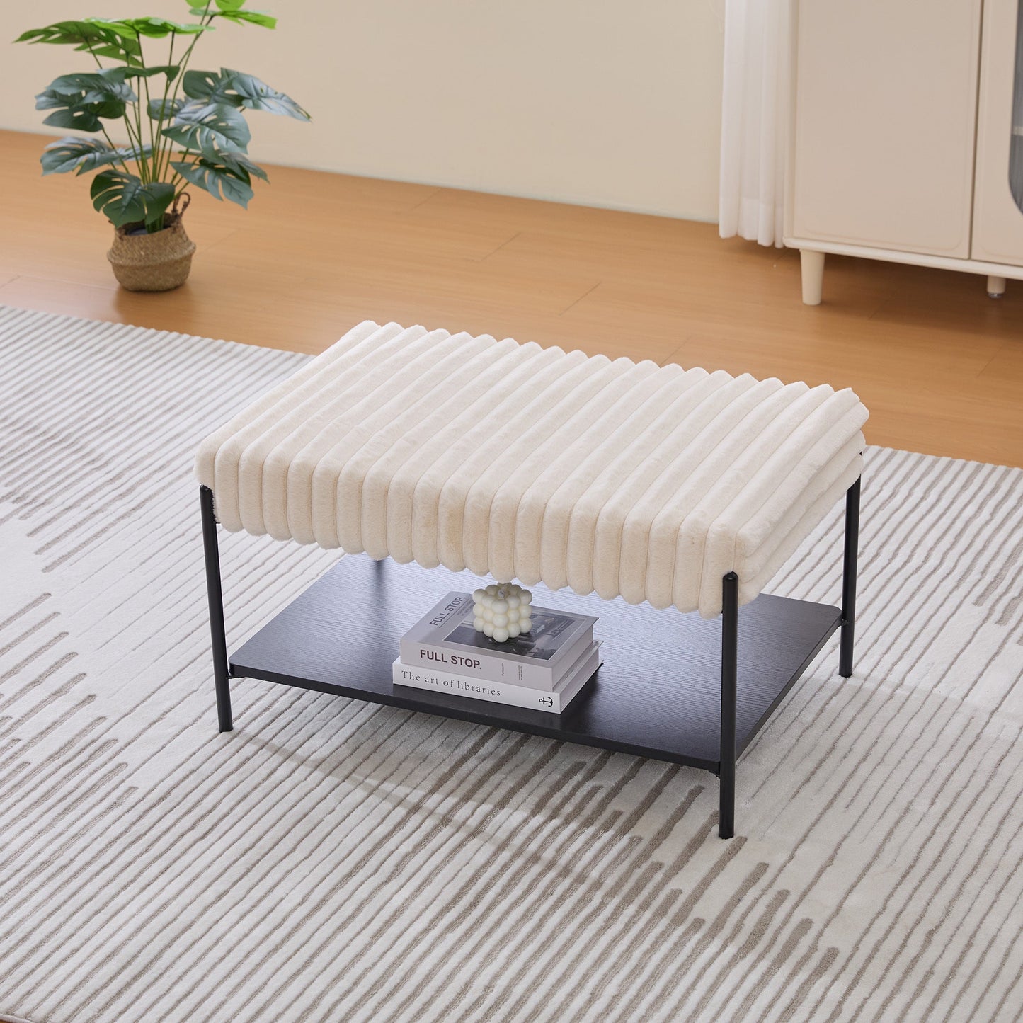 Upholstered Ottoman Coffee Table Foot Rest with Black Metal Legs and Open Storage, Faux Fur, Beige, 30.7' Wide