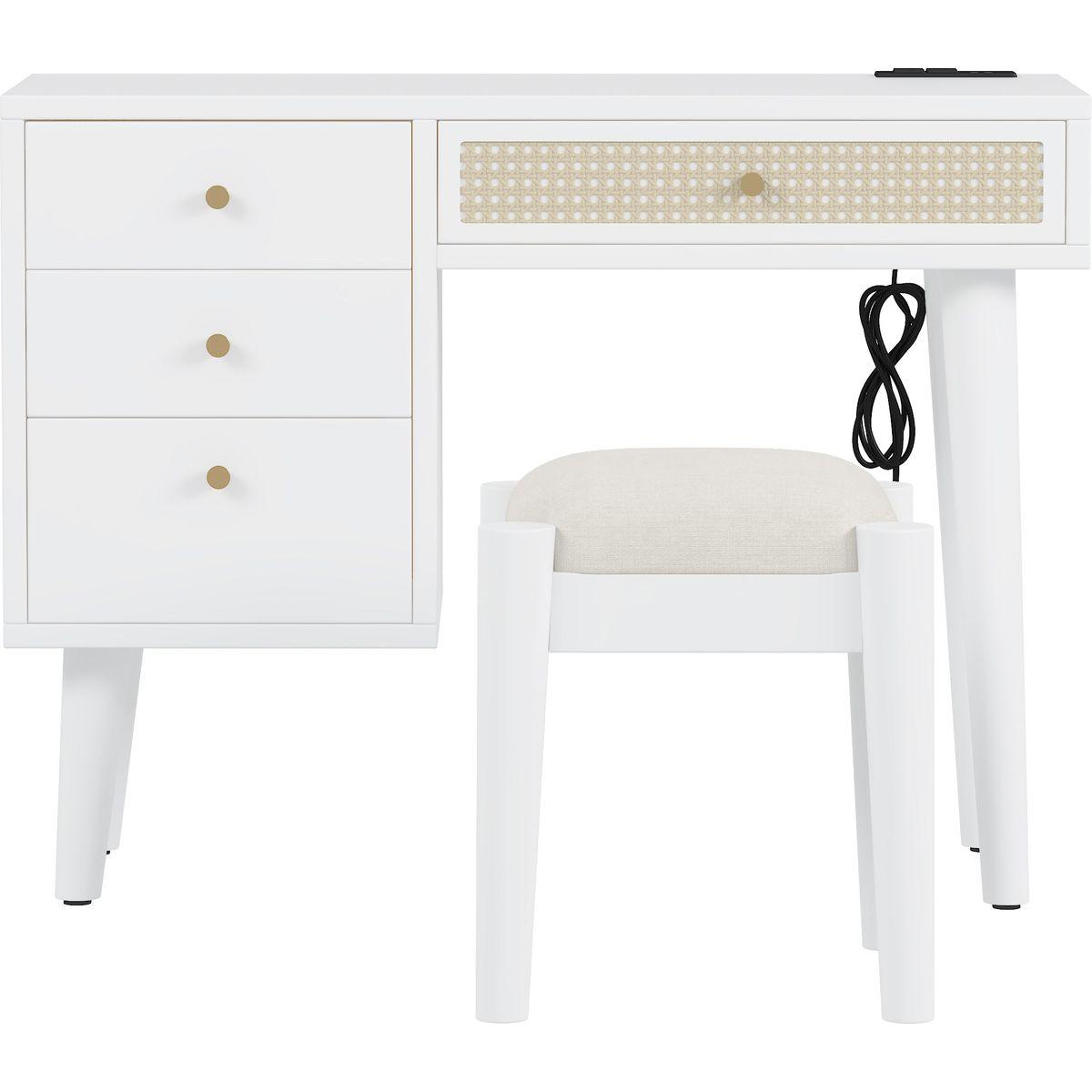 3 Pieces Bedroom Set with Queen Size Wooden Bed Frame, 1 Vintage Nightstand and 1 Makeup Vanity Set with Stool,White