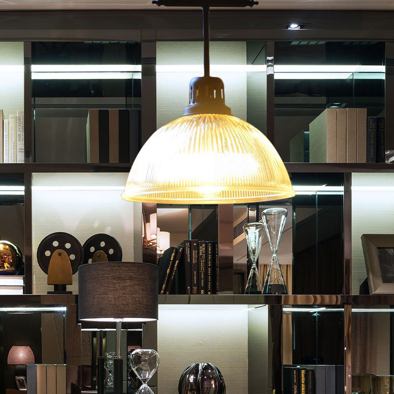 Ava's Adjustable Black Dome Pendant Light - Industrial Chic with Prismatic Glass