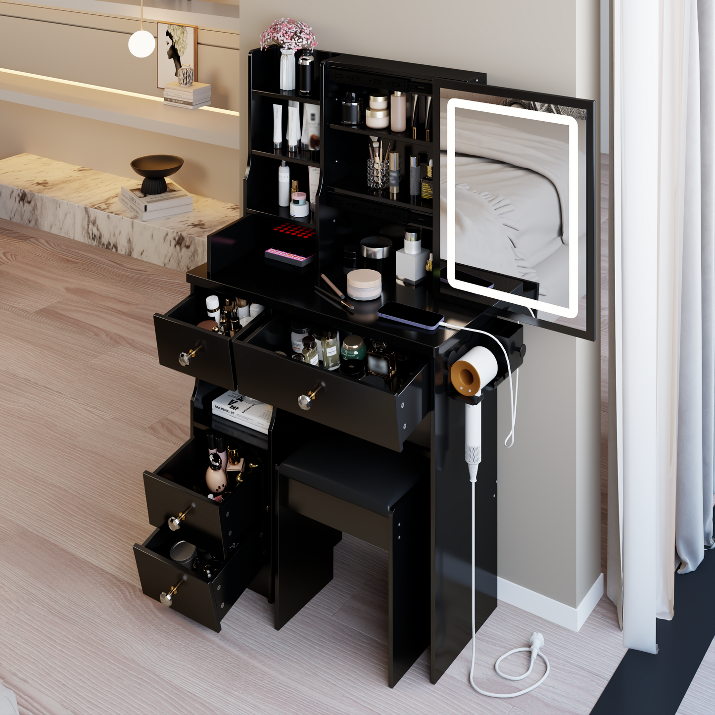 29.2' Small Size Left Drawer Desktop Vanity Table + Cushioned Stool, 2 AC+2 USB Power Station, Hair dryer bracket, Extra Large Touch Control Sliding LED Mirror, Tri-color Switching, Brightness Adjust