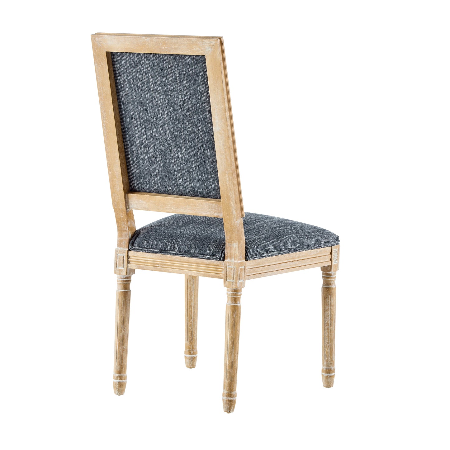 Vintage Inspired Set of 4 French Country Dining Chairs with Elegant Cane Backrest & Upholstered Seats in Rustic Weathered Blue Gray, Solid Rubberwood Frame