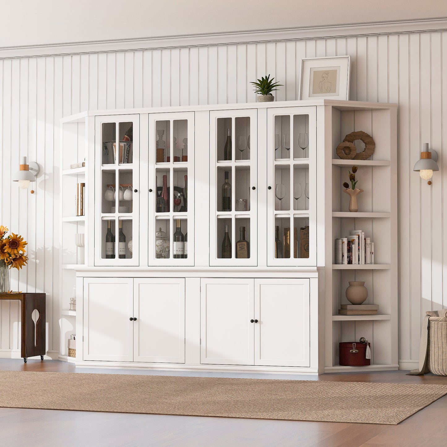 2x 75.25'' Tall Display Cabinets and Two Triangle Sided Bookshelves, 105.5'' Wide Retro Style Wall Suit with Glass Doors, for Hallways, Living room, Office, Studio or Workspace - White