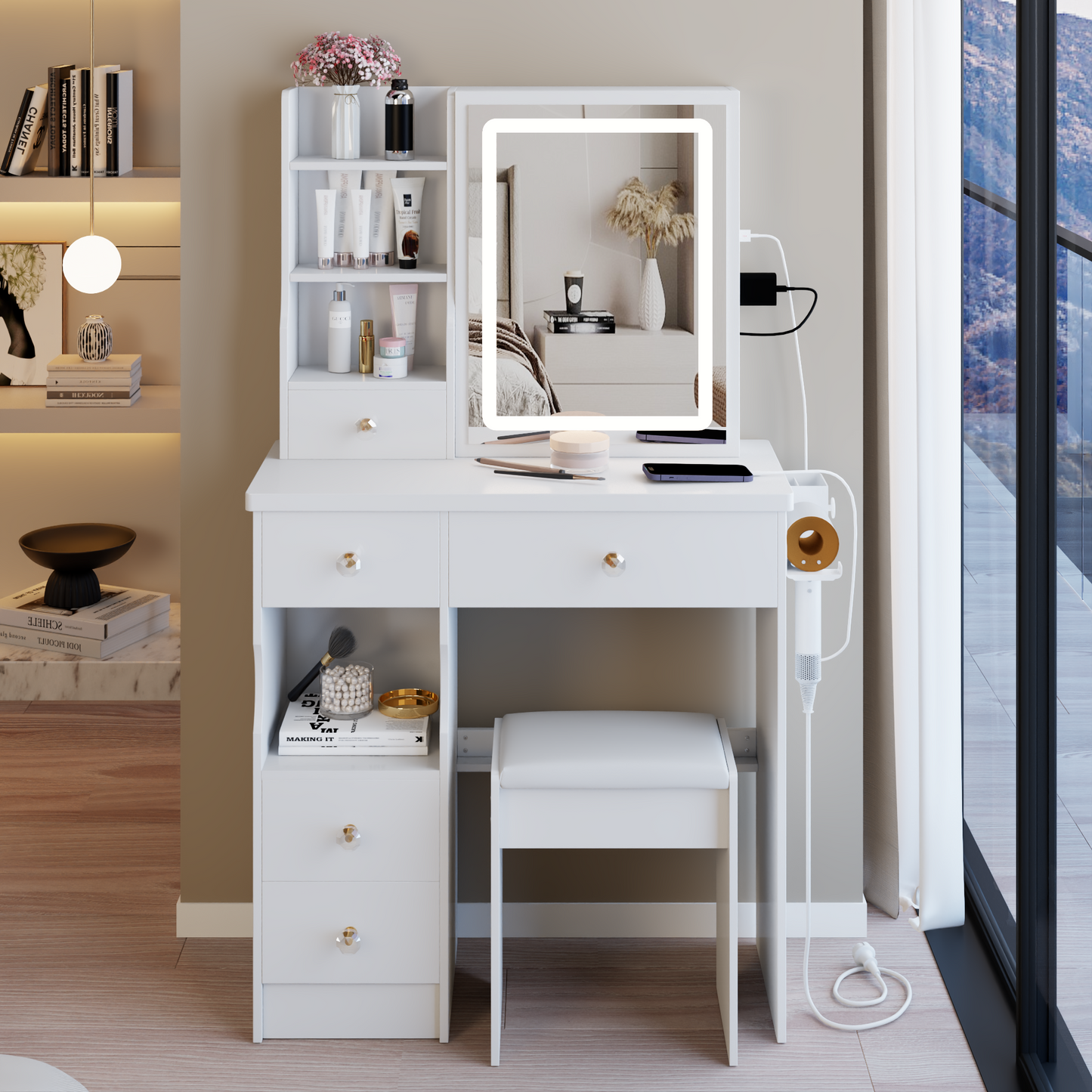 29.2' Small Size Left Drawer Desktop Vanity Table + Cushioned Stool, 2 AC+2 USB Power Station, Hair dryer bracket, Extra Large Touch Control Sliding LED Mirror, Tri-color Switching, Brightness Adjust