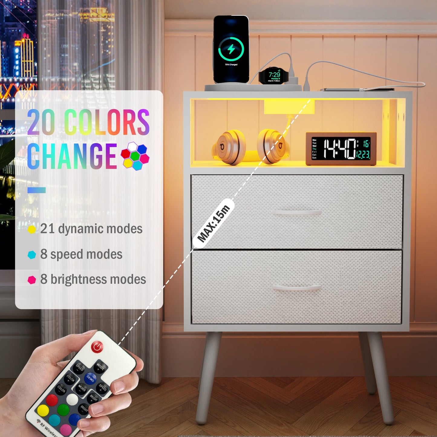 2 Pack Modern Nightstand with Charging Station, Bedside Tables with LED Light and Fabric Drawers