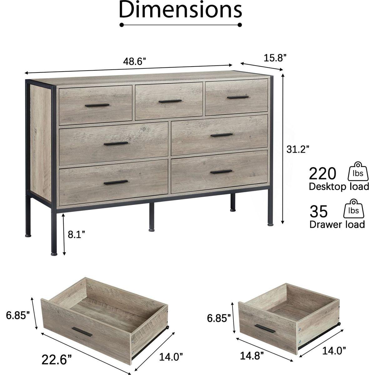 Wood Dresser with 7 Drawers, Wooden Storage Closet for Bedroom, Solid Clothes Cabinet with Sturdy Steel Frame, 48.58"Wx15.75"Dx31.22"H, 48 inch, Rustic Grey