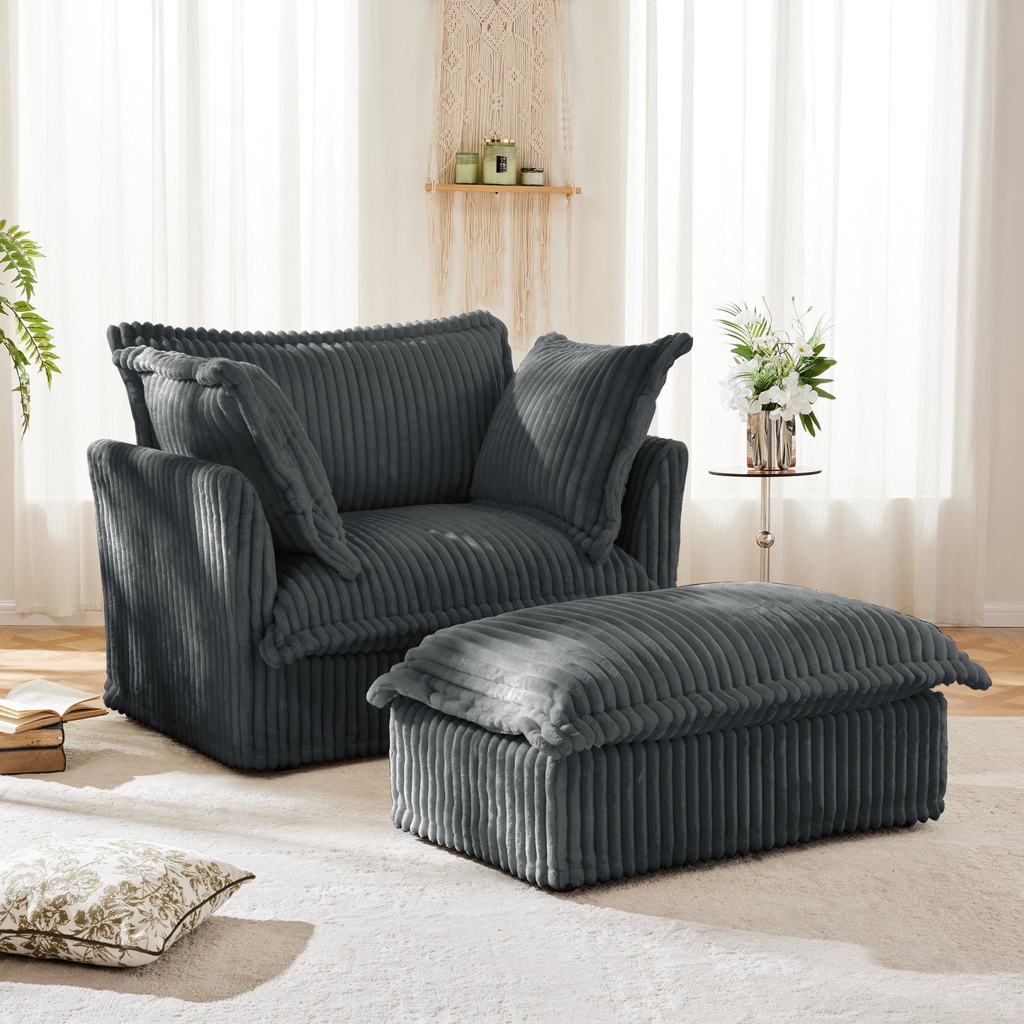 Upholstered Slipcovered Armchair with Ottoman, Deep Seat Armchair W/ Wide Ottoman for Living Room, Armchair Sets with Large Soft Pillows(Set of 2),Gray Corduroy Fabric