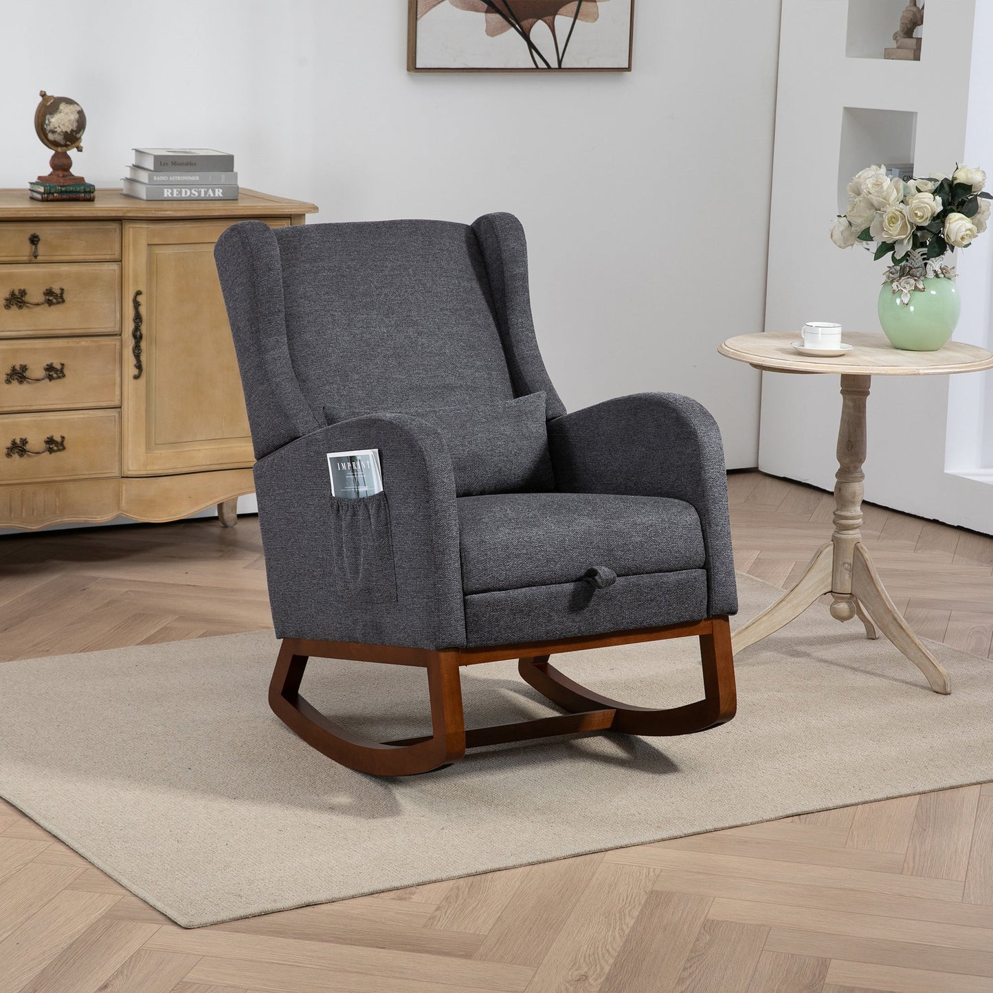 25.4'W Modern Rocking Chair for Nursery, Mid Century Accent Arm Rocker With Retractable Footrest, Side Pocket, Comfy Upholstered Wingback Wooden Glider Chair for Living Room Baby Kids Room. Charcoal