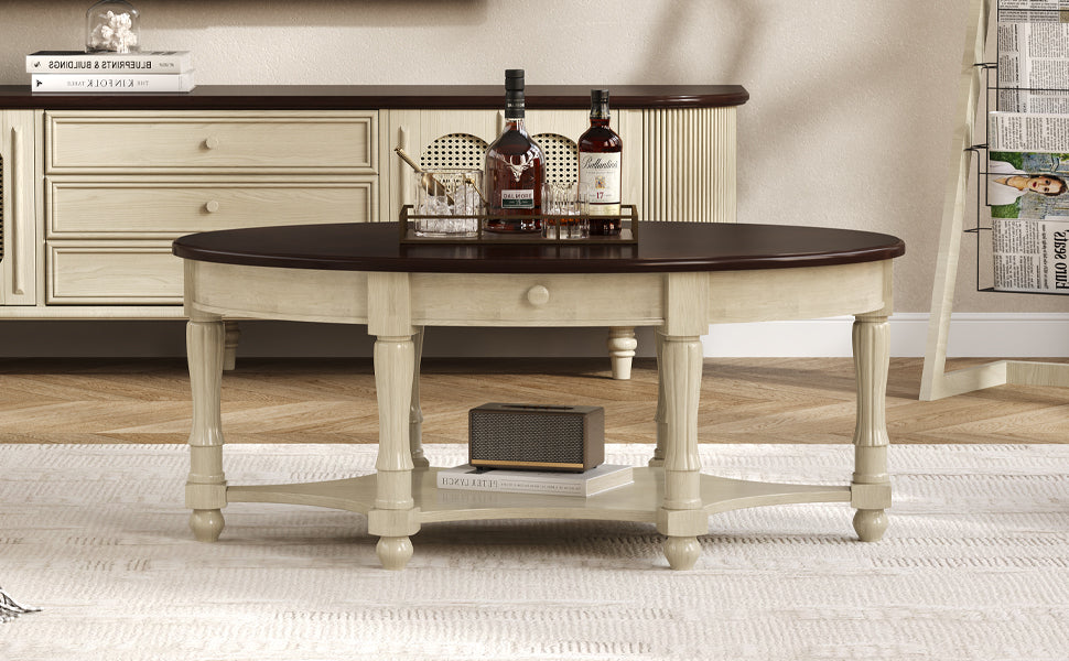 Vintage Oval Coffee Table with Drawer and Storage Shelf, Antique Cocktail Table in 45', French Country Accent Table for Living Room,Beige and Espresso
