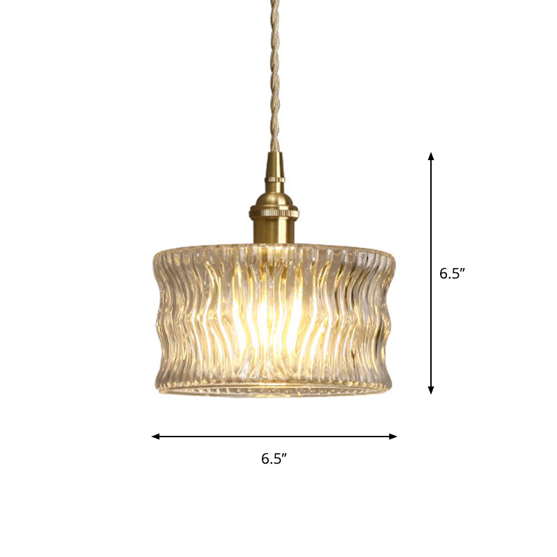 Aurora Gold Cylindrical Ribbed Glass Pendant Lamp - Elegant Clear Ceiling Light for Sitting Rooms
