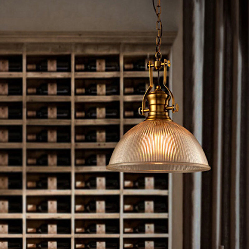 Edison's Industrial Embrace: Brass Bowl Pendant Lamp with Ribbed Glass
