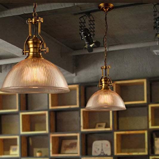 Edison's Industrial Embrace: Brass Bowl Pendant Lamp with Ribbed Glass