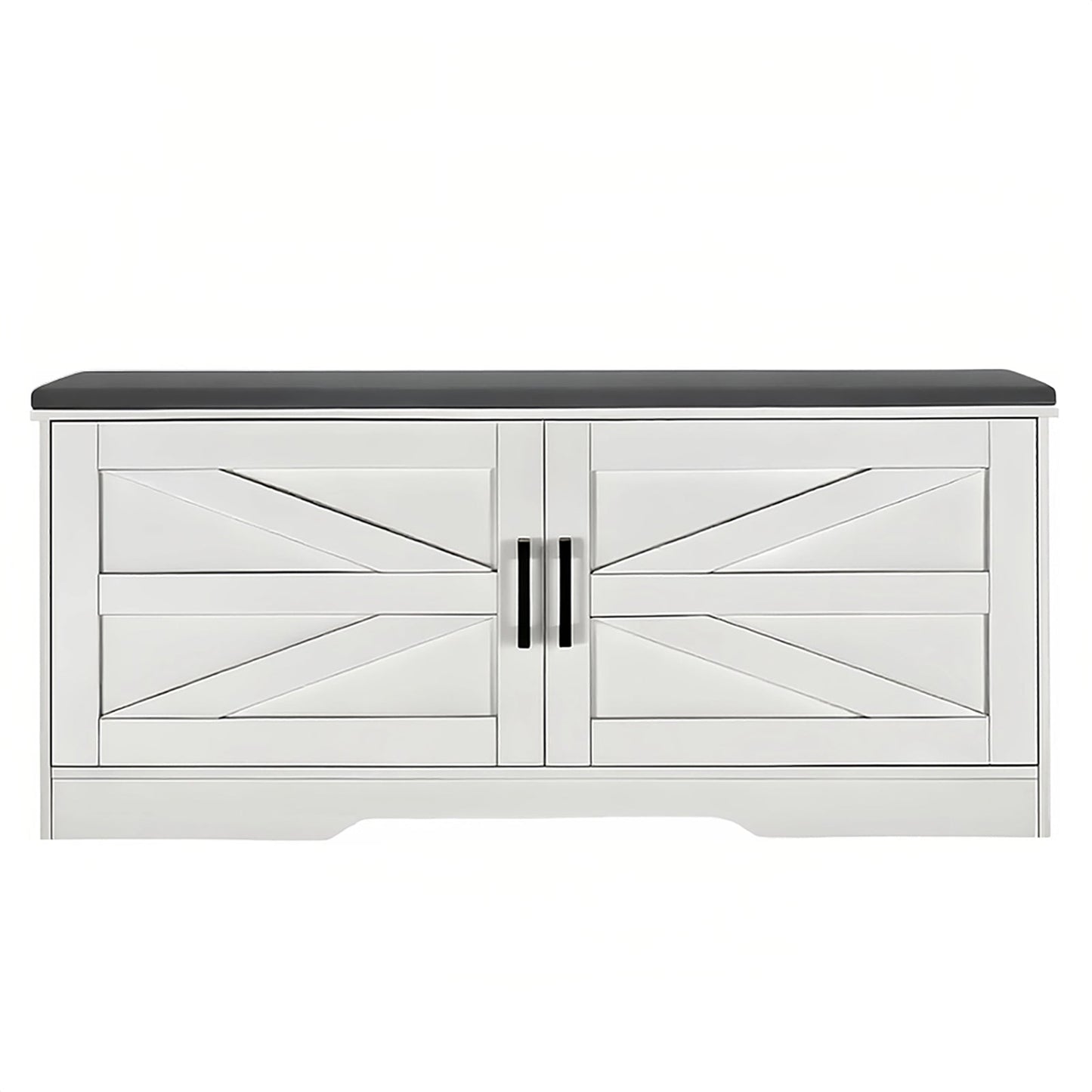 2 Tier Shoe Bench with Padded Seat, 2 Barn Doors and Adjustable Shelves, for Entryway and Living Room, White MDF