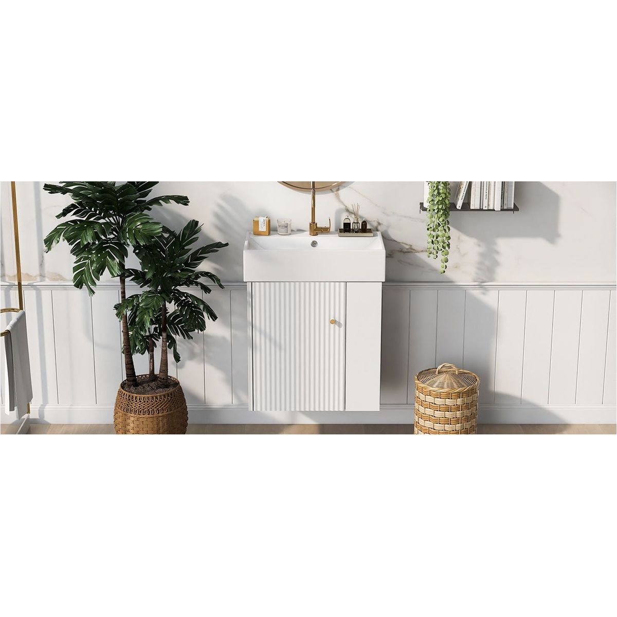 21.6inch Modern Floating Bathroom Vanity with Ceramic Basin - Perfect for Small Bathrooms, Right side storage